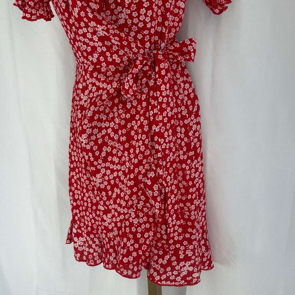Red Floral Crepe Wrap Dress with Ruffle Sleeves - Small - Picture 4 of 15